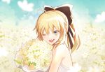  1girl ahoge artoria_pendragon_(all) bare_shoulders black_bow blonde_hair blush bow commentary_request dress fate_(series) flower green_eyes hair_bow highres looking_at_viewer meow_(cindy738) one_eye_closed ponytail saber_lily smile solo upper_teeth yellow_flower 