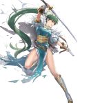 1girl belt boots breasts cape cuboon dress earrings fingerless_gloves fingernails fire_emblem fire_emblem:_the_blazing_blade fire_emblem_heroes full_body gloves green_eyes green_hair hair_ornament highres holding holding_sword holding_weapon jewelry knee_boots long_hair lyn_(fire_emblem) medium_breasts official_art parted_lips pelvic_curtain puffy_short_sleeves puffy_sleeves sheath short_sleeves solo striped sword tied_hair torn_clothes transparent_background vertical_stripes weapon 