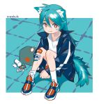 1girl :3 animal_ear_fluff animal_ears antenna_hair aqua_hair bandaid bandaid_on_knee bandaid_on_leg bangs blue_hair blue_jacket border cat_ears cat_girl cat_tail closed_mouth first_aid_kit floor from_side hair_between_eyes jacket knees_together_feet_apart knees_up limited_palette long_hair long_sleeves looking_at_viewer medicine niwabuki on_floor open_clothes open_jacket original outside_border own_hands_together popped_collar red_cross red_eyes ruka_(niwabuki) shirt shoes signature single_tear sitting smile sneakers socks solo tail tile_floor tiles white_border white_legwear white_shirt windowboxed 