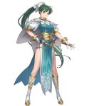  1girl belt boots breasts cape cuboon dress earrings feather_trim fingerless_gloves fire_emblem fire_emblem:_the_blazing_blade fire_emblem_heroes full_body gloves green_eyes green_hair hair_ornament hand_on_hip highres jewelry knee_boots long_hair looking_at_viewer lyn_(fire_emblem) medium_breasts official_art pelvic_curtain puffy_short_sleeves puffy_sleeves short_sleeves smile standing striped sword tied_hair transparent_background vertical_stripes weapon 