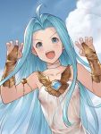  1girl ahoge armlet blue_eyes blue_hair blue_sky breasts bridal_gauntlets clouds collar collarbone dress dutch_angle floating_hair granblue_fantasy hair_intakes long_hair looking_at_viewer lyria_(granblue_fantasy) open_mouth renyu1012 shiny shiny_hair sky sleeveless sleeveless_dress small_breasts solo upper_body very_long_hair white_dress 