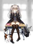  88_flak_(ash_arms) absurdres alternate_costume ash_arms bag baozi black_legwear cat commentary_request eating food full_body hair_ornament highres jacket looking_at_viewer noixen scarf school_bag school_uniform sitting table thigh-highs twintails yellow_eyes 