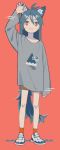  1girl :3 animal_ear_fluff animal_ears antenna_hair arm_at_side arm_up bangs bare_legs blue_hair bright_pupils brown_shorts cat_ears cat_girl cat_tail claw_pose closed_mouth collarbone dot_nose full_body grey_shirt hair_between_eyes highres long_hair long_sleeves looking_at_viewer muted_color niwabuki orange_legwear original print_shirt red_background red_eyes ruka_(niwabuki) shirt shoes shorts signature simple_background sleeves_past_wrists smile sneakers socks solo standing t-shirt tail tareme white_footwear white_pupils 