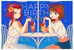  blue_eyes breasts brown_eyes brown_hair closed_mouth dress drink happy_birthday izayoi_aki looking_at_viewer mazaki_anzu multiple_girls nns146 open_mouth redhead short_hair shorts simple_background smile yuu-gi-ou yuu-gi-ou_5d&#039;s yuu-gi-ou_duel_monsters 