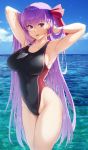  1girl :d armpits arms_up bangs bare_hips bb_(fate)_(all) bb_(fate/extra_ccc) black_swimsuit blue_sky blurry blurry_background blush breasts clouds collarbone competition_swimsuit cowboy_shot day depth_of_field eyebrows_visible_through_hair fate/grand_order fate_(series) groin hair_ribbon happymonk highleg highleg_swimsuit highres large_breasts looking_at_viewer ocean one-piece_swimsuit open_mouth outdoors pink_ribbon purple_hair ribbon sky smile solo sparkle straight_hair swimsuit thighs violet_eyes water wet 