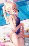  1girl bangs bare_shoulders blonde_hair blue_swimsuit blush braid breasts collarbone competition_swimsuit covered_navel girls_frontline glasses highres long_hair looking_at_viewer medium_breasts one-piece_swimsuit shirosaba solo sr-3mp_(girls_frontline) swimsuit twin_braids very_long_hair violet_eyes 