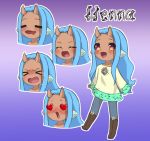  &gt;_&lt; 1girl =_= ^_^ angry animal_ears blue_hair blush boots character_name character_sheet chest_jewel chibi closed_eyes crying cutout dark_skin demon demon_girl drooling expression_sheet flowers gem happy heart_eyes hearts henna horns ivy kikemi leggings long_hair off_shoulder oncha oni open_mouth original purple_background sinamuna solo tan tears violet_eyes white_pupils yelling yellow_eyes 