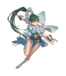  1girl belt boots breasts cape cuboon dress earrings fingerless_gloves fire_emblem fire_emblem:_the_blazing_blade fire_emblem_heroes full_body gloves green_eyes green_hair hair_ornament highres holding holding_sword holding_weapon jewelry knee_boots leg_up long_hair lyn_(fire_emblem) medium_breasts official_art pelvic_curtain puffy_short_sleeves puffy_sleeves short_sleeves solo striped sword tied_hair transparent_background vertical_stripes weapon 