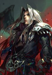  1boy armor belt beltbra black_gloves black_jacket black_wings blue_eyes coattails feathered_wings final_fantasy final_fantasy_vii gloves hankuri jacket long_hair looking_at_viewer male_focus pants sephiroth shoulder_armor shoulder_pads silver_hair simple_background single_wing smile solo wings 