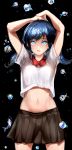  1girl absurdres amano_hina_(tenki_no_ko) arms_up black_skirt blue_eyes blue_hair bow bowtie droplet highres long_hair lower_teeth mamimi_(mamamimi) midriff navel parted_lips red_neckwear skirt solo standing teeth tenki_no_ko twintails water 