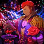  1boy absurdres alternate_costume beard blue_eyes brown_hair chest epaulettes facial_hair fate/grand_order fate_(series) flower gloves hat highres huge_filesize long_sleeves looking_at_viewer male_focus muscle napoleon_bonaparte_(fate/grand_order) pectorals petals red_flower red_rose rose simple_background smile solo stage_lights uniform user_tpue3428 