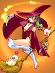  1girl blue_eyes blush boots breasts closed_mouth earrings final_fantasy final_fantasy_vi green_hair halloween jewelry long_hair looking_at_viewer moogle ponytail quot ring simple_background smile thigh-highs thigh_boots tina_branford 
