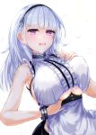  1girl anchor_choker anchor_necklace apron azur_lane bangs black_hairband blunt_bangs blush bracelet breasts center_frills choker commentary_request diamond_earrings dido_(azur_lane) dress eyebrows_visible_through_hair frilled_apron frilled_choker frills hairband hands_on_own_chest highres jewelry lace-trimmed_hairband large_breasts long_hair looking_down maid_apron maid_dress nukuiru_susu open_mouth pink_eyes sideboob simple_background sleeveless sleeveless_dress solo under_boob underboob_cutout upper_body waist_apron water_drop wet wet_clothes wet_dress wet_spot white_apron white_background white_hair 
