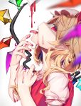  1girl arms_up blonde_hair blood blood_on_face bloody_hands blurry blurry_foreground commentary_request cravat cup depth_of_field facing_up fangs fingernails flandre_scarlet from_side gunjou_row hat head_tilt highres looking_at_viewer mob_cap nail_polish one_side_up open_mouth pointy_ears profile puffy_short_sleeves puffy_sleeves red_eyes red_nails red_vest shirt short_hair short_sleeves sideways_glance simple_background slit_pupils solo teacup tongue tongue_out touhou upper_body vest white_background white_headwear white_shirt wings yellow_neckwear 