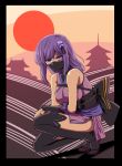  1girl architecture bare_shoulders black_border black_legwear black_sash border bracer breasts copyright_request covered_mouth east_asian_architecture face_mask hair_ornament ishii_hisao large_breasts looking_at_viewer mask ninja obi purple_hair ringed_eyes sandals sash solo squatting sun thigh-highs violet_eyes 