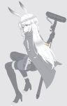  1girl animal_ears arknights arm_support bangs blush boots character_name closed_mouth eyebrows_visible_through_hair full_body gloves grey_background grey_hair hair_between_eyes high_heel_boots high_heels highres holding jacket long_hair looking_at_viewer looking_back one_side_up pantyhose rabbit_ears savage_(arknights) simple_background sitting skirt solo somnium striped thigh-highs thigh_boots vertical-striped_skirt vertical_stripes very_long_hair white_hair 