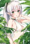  1girl bare_arms bare_shoulders bikini breasts choker dew_drop earrings elf green_eyes hair_ribbon halterneck hand_up jewelry komeshiro_kasu leaf medium_breasts original plant pointy_ears ponytail ribbon sidelocks silver_hair solo swimsuit tongue tongue_out upper_body water_drop white_bikini 