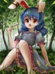  1girl :o animal_ears arm_support arm_up barefoot bloomers blue_dress blue_hair blurry blurry_background commentary crescent_print dango day depth_of_field dress ear_clip eyebrows_visible_through_hair feet_out_of_frame food forest grass hair_between_eyes hill holding_skewer kayon_(touzoku) knees_together_feet_apart leaf leaning_back looking_at_viewer low_twintails nature on_grass on_ground outdoors puffy_short_sleeves puffy_sleeves rabbit_ears red_eyes seiran_(touhou) short_hair short_sleeves sitting skewer solo star star_print symbol_commentary touhou twintails underwear wagashi 