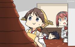  3girls :3 apron ark_royal_(kantai_collection) bandana bangs black_hair blunt_bangs bob_cut brown_gloves brown_hair chocolate cleavage_cutout commentary_request dated detached_sleeves fingerless_gloves flipped_hair flood gloves grey_eyes hair_ornament hair_over_one_eye hairband hairclip hamu_koutarou headgear hiei_(kantai_collection) highres inverted_bob jacket kako_(kantai_collection) kantai_collection long_hair long_sleeves multiple_girls pantyhose parted_bangs peeking_out ponytail red_ribbon redhead ribbon ribbon-trimmed_sleeves ribbon_trim school_uniform serafuku short_hair shorts sleeping spatula tiara violet_eyes white_legwear white_shorts yellow_apron zzz 