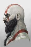  1boy angry bald beard bodypaint clenched_teeth facial_hair facial_tattoo god_of_war hankuri kratos male_focus open_mouth pale_skin simple_background solo tattoo teeth white_skin 