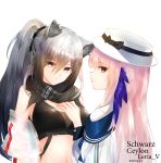  2girls animal_ear_fluff animal_ears arknights bare_shoulders black_shirt breasts brown_eyes cat_ears ceylon_(arknights) commentary_request crop_top gradient_hair grey_hair hand_on_another&#039;s_chest highres leria_v long_hair looking_at_viewer medium_breasts midriff multicolored_hair multiple_girls navel off_shoulder pink_hair ponytail profile scarf schwarz_(arknights) shirt simple_background sleeveless sleeveless_shirt stomach white_background white_headwear yellow_eyes 
