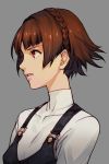  1girl brown_hair hankuri lips niijima_makoto persona persona_5 red_eyes short_hair simple_background solo upper_body 