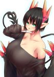  1girl absurdres alternate_costume alternate_hairstyle bare_shoulders black_hair black_shirt breasts demon_girl demon_horns demon_tail demon_wings green_eyes highres horns huge_breasts juugoya_(zyugoya) looking_at_viewer merii_(musuko_ga_kawaikute_shikatanai_mazoku_no_hahaoya) musuko_ga_kawaikute_shikatanai_mazoku_no_hahaoya pointy_ears red_horns shirt short_hair tail wings 