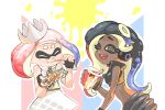  2girls bangs black_gloves closed_eyes collared_vest cropped_vest crown dark_skin domino_mask dress drinking_straw eating fingerless_gloves food gloves green_eyes headphones hime_(splatoon) holding holding_drink holding_food iida_(splatoon) long_hair mask mike_inel mole mole_under_mouth multicolored_hair multiple_girls octarian one_eye_closed outline sleeveless splatoon_(series) splatoon_2 suction_cups tentacle_hair white_dress white_outline zipper_pull_tab 