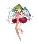  1girl ankleband bangs barefoot blush bracelet clenched_teeth dress fire_emblem fire_emblem:_mystery_of_the_emblem fire_emblem_heroes full_body green_eyes green_hair headpiece highres holding jewelry long_hair manakete matsui_hiroaki official_art one_eye_closed pink_dress pointy_ears ponytail short_dress solo teeth tiki_(fire_emblem) transparent_background wings 