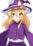  1girl bangs blonde_hair blush bow commentary_request crescent crescent_hair_ornament dress e.o. eyebrows_visible_through_hair flying_sweatdrops hair_between_eyes hair_ornament hat hat_bow highres kirisame_marisa long_hair long_sleeves looking_at_viewer parted_lips purple_dress purple_headwear sash sidelocks simple_background solo touhou upper_body white_background white_sash wide_sleeves witch_hat yellow_bow yellow_eyes 