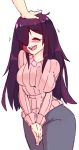  1girl :d ^_^ breasts burn_scar closed_eyes commentary cowboy_shot english_commentary eyebrows_visible_through_hair hair_over_one_eye happy ikezawa_hanako impossible_clothes impossible_sweater katawa_shoujo large_breasts long_hair long_sleeves open_mouth pants petting pink_sweater purple_hair ribbed_sweater round_teeth rtil scar simple_background smile solo_focus sweater teeth v_arms white_background 