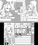  2girls automatic_giraffe bangs bead_necklace beads character_name circlet closed_mouth commentary earrings english_commentary english_text fake_screenshot fire_emblem greyscale jewelry kirby_(series) long_hair super_mario_bros. monochrome multiple_girls necklace number parody parted_bangs pointy_ears portrait princess_peach princess_zelda sidelocks sketch smile stats super_smash_bros. the_legend_of_zelda whispy_woods 