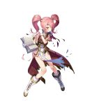  1girl armor bangs blush book boots breastplate cape capelet eyebrows_visible_through_hair fire_emblem fire_emblem_echoes:_shadows_of_valentia fire_emblem_heroes full_body gloves highres holding long_hair mae_(fire_emblem) matsui_hiroaki official_art open_mouth overskirt pelvic_curtain pink_hair red_eyes solo tiara torn_clothes transparent_background twintails white_gloves 