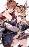  1boy 1girl absurdres aki663 arms_around_waist bandage_on_face black_shirt blonde_hair blush brown_eyes brown_hair djeeta_(granblue_fantasy) gran_(granblue_fantasy) granblue_fantasy hair_between_eyes headband highres jacket one_eye_closed open_mouth shirt short_hair shorts smile sweat tank_top white_background 