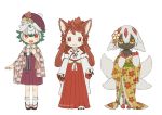  3girls animal_ears artist_name bell black_skin blush closed_mouth eyebrows_visible_through_hair faputa flower furry green_hair hair_bell hair_flower hair_ornament japanese_clothes kawasemi27 long_hair long_sleeves looking_at_viewer made_in_abyss meinya_(made_in_abyss) messy_hair miko mitty_(made_in_abyss)_(furry) multicolored_hair multiple_girls open_mouth prushka red_eyes red_skirt redhead sandals short_hair skirt smile socks twitter_username whiskers white_hair white_legwear 