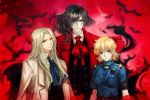  1boy 2girls alucard_(hellsing) black_hair blonde_hair blood blood_splatter cross cross_necklace elena_ivlyushkina hair_over_one_eye hellsing highres integra_hellsing jewelry long_hair looking_at_viewer multiple_girls necklace red_eyes seras_victoria short_hair sleeves_rolled_up smile uniform vampire violet_eyes 