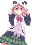  1girl earrings fingernails hair_ornament hairclip hasu_(hk_works) hood hooded_jacket jacket jewelry looking_at_viewer nijisanji pink_eyes pink_hair ribbon sasaki_saku school_uniform short_hair simple_background solo virtual_youtuber white_background 