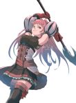  1girl arms_up axe closed_mouth dress earrings fire_emblem fire_emblem:_three_houses gloves hilda_valentine_goneril holding holding_axe jewelry long_hair pink_eyes pink_hair ponytail red_gloves short_dress simple_background solo twitter_username user_fkzf7845 white_background 