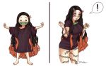  ! ._. 1girl arm_tattoo baggy_clothes barefoot bit_gag black_eyes black_hair blush breasts chibi dismaiden dual_persona fangs forehead gag gag_removed growth highres horn kamado_nezuko kimetsu_no_yaiba large_breasts leg_tattoo long_hair multicolored_hair multiple_views naked_shirt nose_blush orange_hair outstretched_arms pajamas_challenge pink_eyes pink_hair pink_ribbon purple_shirt ribbon shirt signature slit_pupils t-shirt tattoo taut_clothes two-tone_hair veins very_long_hair w_arms 