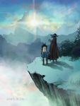  1boy arlon_(pokemon) black_hair black_headwear blue_sky cape cliff creature dated day gen_4_pokemon grass hat holding holding_staff lucario male_focus mountain outdoors pokemon pokemon_(anime) pokemon_(creature) pokemon_m08 pokemon_rse_(anime) rifu_(hunihuni1130) shadow sky spiky_hair staff standing sun 