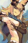  1girl animal_ears armpits blonde_hair blue_eyes breasts eric_muentes granblue_fantasy long_hair metera_(granblue_fantasy) mole sideboob smile solo tongue tongue_out 