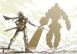  1boy cape clouds cloudy_sky dust fighting_stance giant harymachinegun holding holding_sword holding_weapon monochrome muted_color scabbard shadow_of_the_colossus sheath size_difference sky sparkle standing sword walking weapon 
