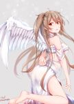  1girl angel_wings artist_name baileys_(tranquillity650) barefoot black_ribbon breasts brown_eyes grey_background hair_between_eyes hair_ribbon heterochromia highres kantai_collection large_breasts light_brown_hair long_hair murasame_(kantai_collection) red_eyes remodel_(kantai_collection) ribbon signature simple_background solo twintails twitter_username wings 