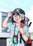  1girl 49s-aragon absurdres backpack bag baseball_cap black_hair blue_sky blush bracelet building clouds cloudy_sky freckles glasses hat highres jewelry lanyard long_hair looking_at_viewer open_mouth original outdoors print_shirt red_backpack shirt short_sleeves sky smile solo upper_body 