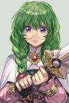  1girl closed_mouth glasses green_hair hankuri looking_at_viewer philia_felice round_eyewear simple_background solo sword tales_of_(series) tales_of_destiny upper_body violet_eyes weapon 