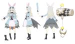  1girl :3 absurdres animal_ears antenna_hair black_footwear blue_bow blue_dress blush boots bow character_sheet closed_mouth cross-section dress eyebrows_visible_through_hair frown grey_hair hair_bow hammer high_heel_boots high_heels highres himari_song long_sleeves looking_at_viewer matsui_hiroaki mochizuki_himari neckerchief orange_eyes outstretched_arms pigeon-toed pom_pom_(clothes) pout rabbit_ears simple_background solo spread_arms standing virtual_youtuber white_background 