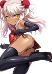  1girl ass bangs bare_shoulders black_footwear black_gloves black_legwear black_panties blush breasts bun_cover china_dress chinese_clothes chloe_von_einzbern closed_mouth dark_skin double_bun dress elbow_gloves fate/kaleid_liner_prisma_illya fate_(series) gloves high_heels highres leg_up licking_lips long_hair looking_at_viewer panties pelvic_curtain pink_hair red_dress shimejinameko simple_background small_breasts smile solo swept_bangs thigh-highs thighs tongue tongue_out underwear white_background yellow_eyes 