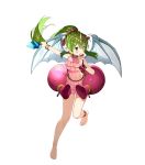  1girl :d ankleband bangs barefoot blush bracelet dress fire_emblem fire_emblem:_mystery_of_the_emblem fire_emblem_heroes floating_hair full_body green_eyes green_hair headpiece highres holding jewelry long_hair manakete matsui_hiroaki official_art open_mouth pink_dress pointy_ears ponytail short_dress smile solo standing standing_on_one_leg tiki_(fire_emblem) transparent_background wings 