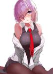  1girl bangs bare_shoulders black_legwear black_skirt blush breasts commentary_request eyebrows_visible_through_hair eyes_visible_through_hair fate/grand_order fate_(series) hair_over_one_eye large_breasts looking_at_viewer mash_kyrielight necktie nigouu open_mouth pantyhose purple_hair red_neckwear short_hair simple_background skirt smile solo violet_eyes white_background 