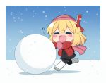  1girl beanie black_legwear black_skirt blonde_hair blush_stickers chibi closed_eyes coat commentary_request full_body hair_ribbon hat medium_hair open_mouth outdoors outstretched_arms pink_headwear pink_mittens pink_scarf red_coat red_ribbon ribbon rumia scarf skirt smile snow snowball snowing solo takapi_3 touhou winter winter_clothes winter_coat 